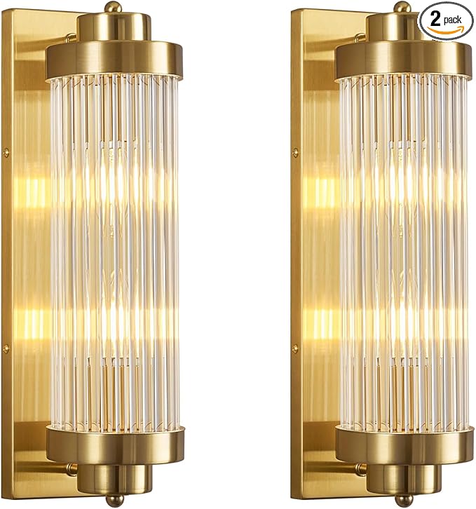 Gold Wall Sconces Set of Two with Crystal Glass Strip Bathroom Sconces Modern Wall Lights for Bedroom Living Room Hallway Wall Light Fixtures, 2 Light E12 Base