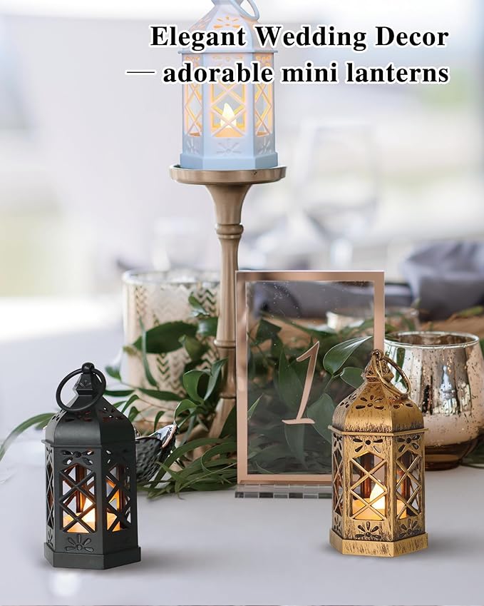 12-Pack Mini Lanterns for Ramadan, Small Decorative Lanterns with Flickering LED Candles for Wedding & Festivals, Hanging Moroccan Lantern for Table Centerpiece, Baby Shower Decor, Bronze