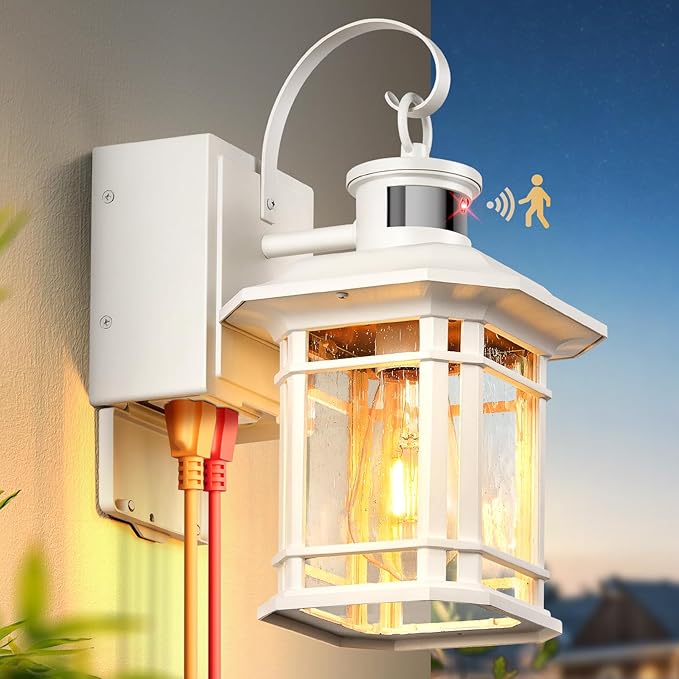 White Outside Lights for House with GFCI Outlet, 3 Modes Motion Sensor Porch Light with Outlet, Aluminum Dusk to Dawn Exterior Lighting Fixtures, for House, Porch, Garage