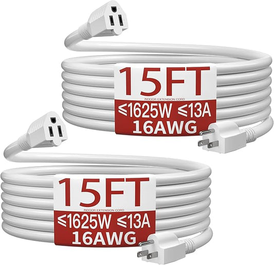 16/3 Indoor Extension Cord 15 FT 2 Pack, White Extension Cord Flexible & Durable, 3 Prong Power Cable, Suitable for Home and Office, 13 Amp 1625 Watt 125VAC 16AWG, ETL Listed
