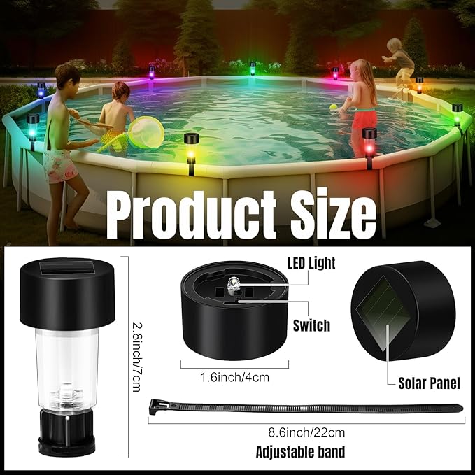VIHOSE Pool Solar Lights for Framed Above Ground Pools Waterproof Solar Light Outdoor Swimming Pool Fence Decorations Pool Accessories Night Lights(Colorful Light,16 Pcs)