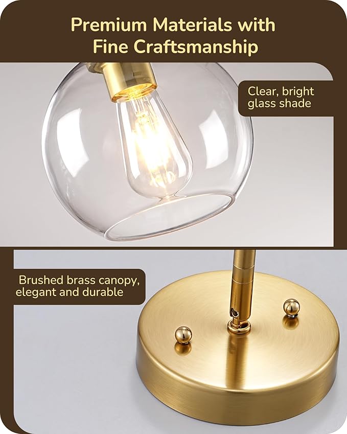 EDISHINE Pendant Lights Kitchen Island, Modern Gold Hanging Light Fixture with Clear Glass Globe Shade, Hardwired Adjustable Metal Rod for Dining Room, Entryway, 1 Pack