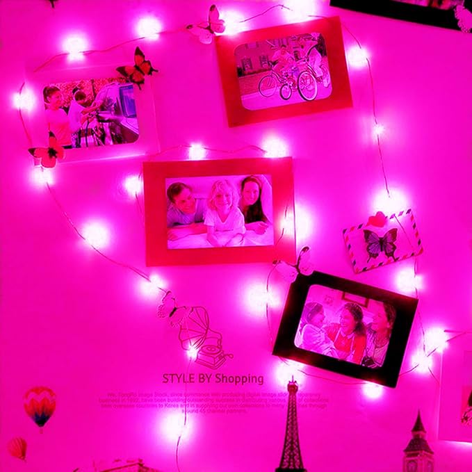 Valentine's Day Pink String Lights Battery Powered 7Ft 20 LED Waterproof Silver Copper Wire Fairy Lights, Diwali Halloween Christmas Home Party Wedding Girls Room Decorations-2Pack