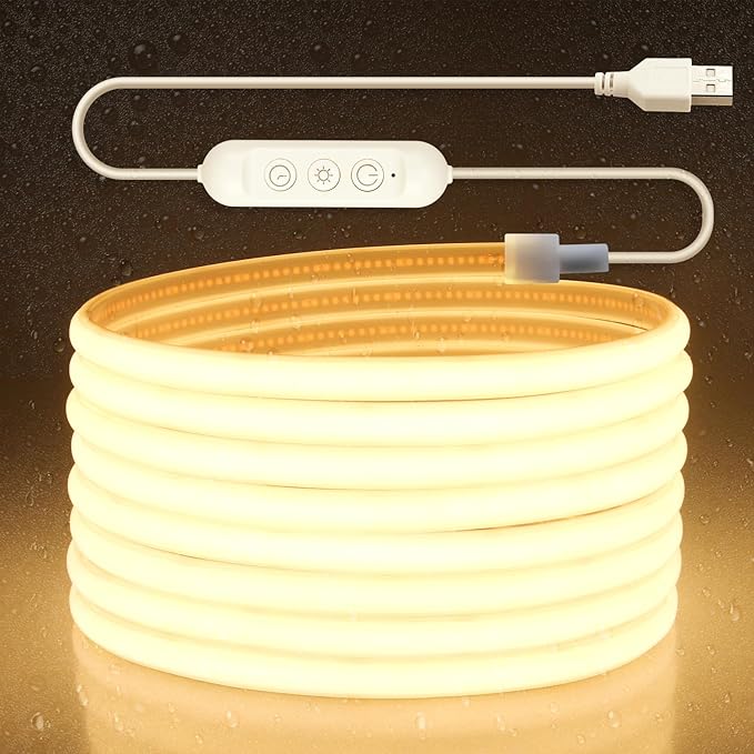 Aclorol 16.4FT Waterproof COB LED Strip 5V USB Dimmable LED Flexible Tape Light with Timer Warm White 3000K for TV Backlights Bedroom Living Room Ambiance Cupboard Pergola Lighting Decor 8mm Width