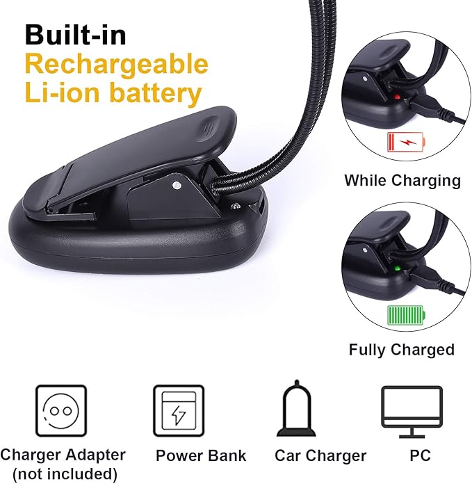 2 Pack Rechargeable Music Stand Light, Clip on Reading Light, 8 LED Book Lamp, 3-Level Brightness for Eye Protection, Perfect for Piano, Orchestra, Bookworms, Craft (White & Warm, Dual Arm)