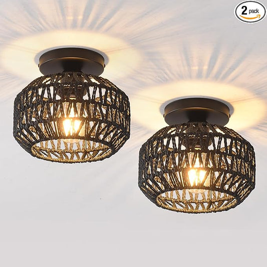 2 Pack Farmhouse Light Fixtures Ceiling Mount,Mini Rattan Boho Semi Flush Mount Ceiling Light,Hand Woven Hallway Light Fixtures for Bedroom Entryway