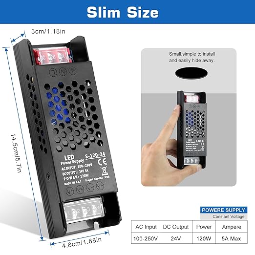 LED Driver 24V 120W 5A Slim LED Power Supply, AC 100-250V to 24V DC Adapter, Constant Voltage LED Transformer for Strip Lights, Bulbs, Garden and Cabinet Lights