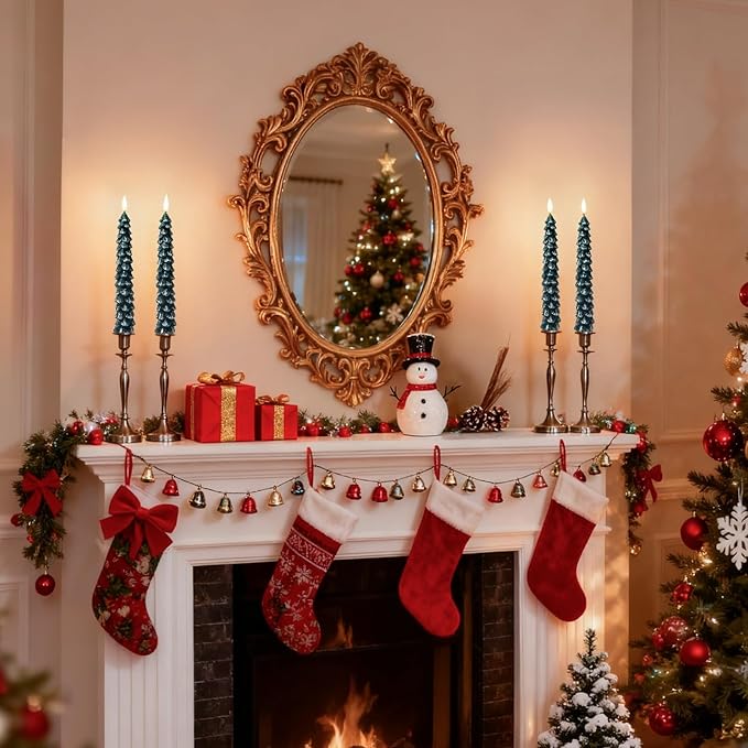 Christmas Decorations Indoor, Christmas Decor - Christmas Tree Taper Flameless Candles Battery Operated with Remote Timer, Xmas Candlesticks Home Table Mantel Room Decor, Wax, Set of 2(Green&White)