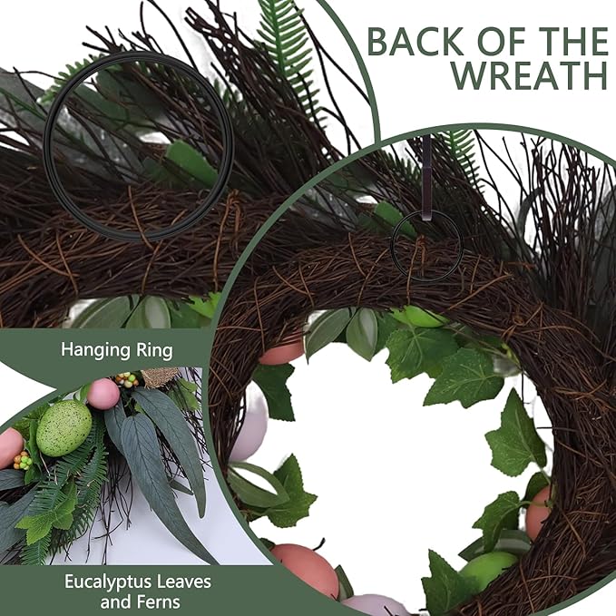 20 Inchs Spring Easter Wreath, Farmhouse Artificial Spring Wreath, Decor with Colorful Easter Eggs, Brown Fabric Strips & Green Eucalyptus Leaves, for Door Wall Window Fences