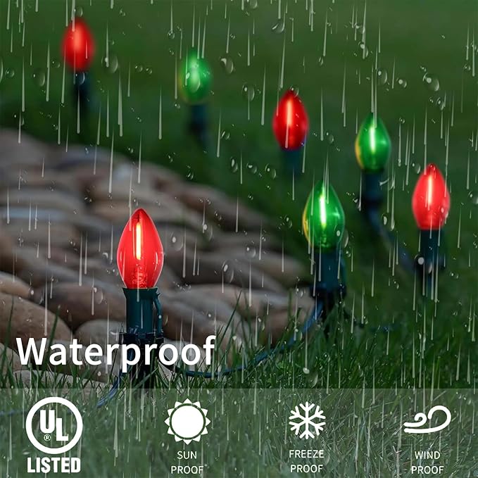 25FT C7 Christmas Lights Outdoor, Red Green Classic 2-Color LED String Lights for Roof, Fence, Tree, Traditional Holiday Decor
