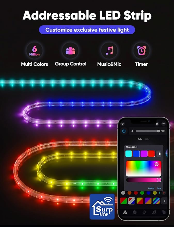 16FT Outdoor LED Strip Lights RGB+IC with Warm&Cool White, ETL Listed Music Sync Light Strip AC 120V, IP65 Waterproof and Connectable, for Party Festival Eave Porch Patio Every Day Decor