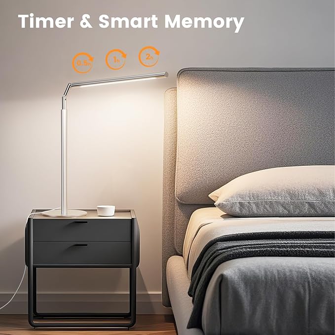 Silver LED Desk Lamp, 16" Dimmable Metal Desk Light with Base, 15W 1200LM, Adapter Included, Color & Brightness Adjustable, Modern Tall Table Lamp for Home Office Reading Study Task Laptop