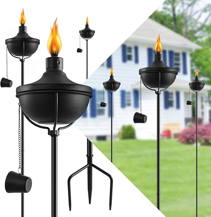 24 Oz Home Garden Torch Set of 6, Outdoor Metal Torch Garden Décor,55-Inch Upgraded Citronella Torches with 3-Prong Grounded Stake, Metal Light Torches for Party Patio Pathway