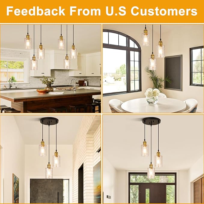 Modern Pendant Lights Kitchen Island, 3-Light Black and Gold Pendant Light Fixtures with Clear Hammered Glass Shade, Industrial Hanging Pendant Lights Fixture for Kitchen Island Dining Room Entryway
