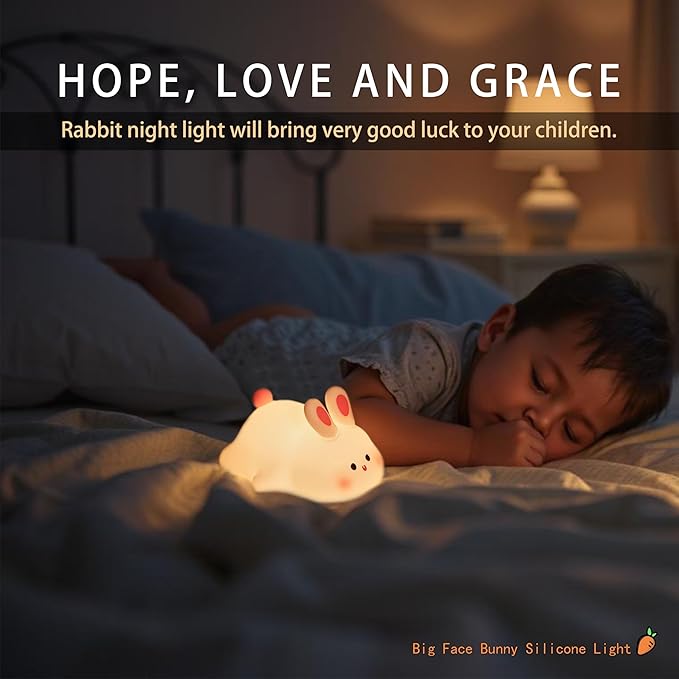 Squishy Bunny Night Light for Kids, Cute Big Face Rabbit Silicone Lamp with Timer Dimmable 3 Brightness, Easter Nursery Nightlight Portable Bedside Touch Lamp for Nightstand Bedroom Living Room Home ﻿