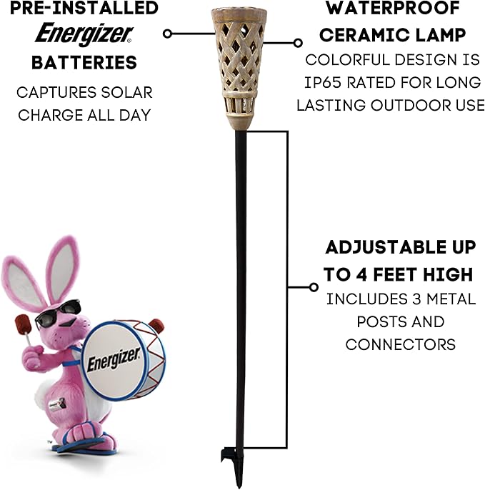 Energizer Ceramic Solar Tiki Torches - LED Solar Outdoor Lights with Flickering Flame for Garden Decor - Solar Garden Lights IP65 Waterproof Solar Powered Outdoor Lights - 2 Pack (Multicolor)