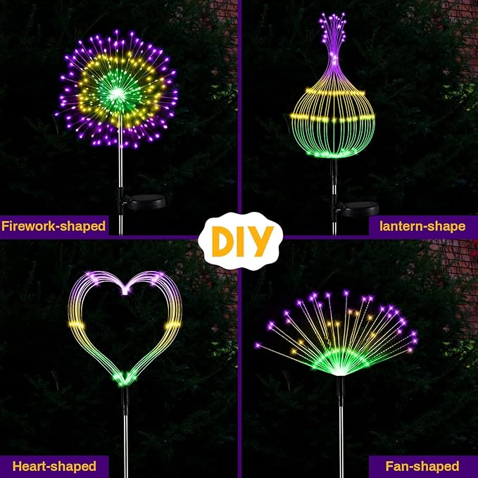 6 Pcs Mardi Gras Solar Firework Lights Solar Lights Outdoor Garden 120 LED 8 Modes Waterproof LED Sparkler Outdoor for Carnival Patio Yard Pathway Walkway (Carnival Color)