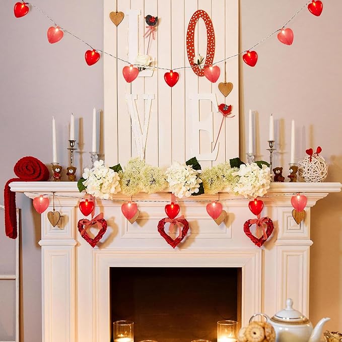8.5Ft Valentine Red Pink Heart String Lights with 10 Red Pink 3D Heart Fairy Lights, Romantic Valentines Day Decorations Heart Lights for Mother's Day, Wedding,Anniversary Party Decoration