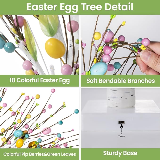 Easter Decorations 2 Pcs 25inch Lighted Easter Tree with Timer&Battery Operated,Pre-Lit Easter Egg Tree Tabletop Decor with LED Lights,Eggs,Artificial Birch Trees for Home Party Mantel Indoor Spring