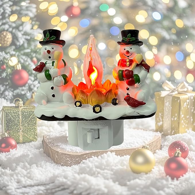 2025 Christmas Night Light, 3D Christmas Snowman Campfire Nightlight, Christmas Eve Campfire Flickering Night Light Gifts for Family, 120V Plug-in Powered for Festive Ambiance