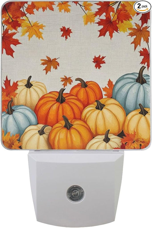 Vdsrup Autumn Pumpkin Night Light Set of 2 Maple Fall Nightlights Plug-in LED Nightlight Auto Dusk-to-Dawn Sensor Lamp for Bedroom Bathroom Kitchen Hallway Stairs