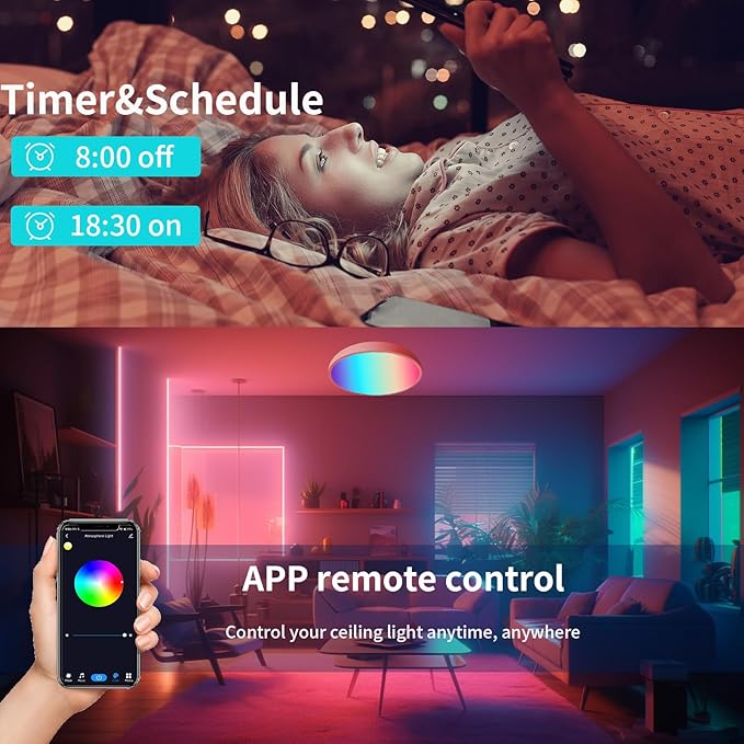 Smart LED Ceiling Lights RGBCW Color Changing Ceiling Light Compatible with Alexa Google Home Flush Mount Ceiling Lamp 24W Time Scheduler Dimmable for Living Room, Bedroom