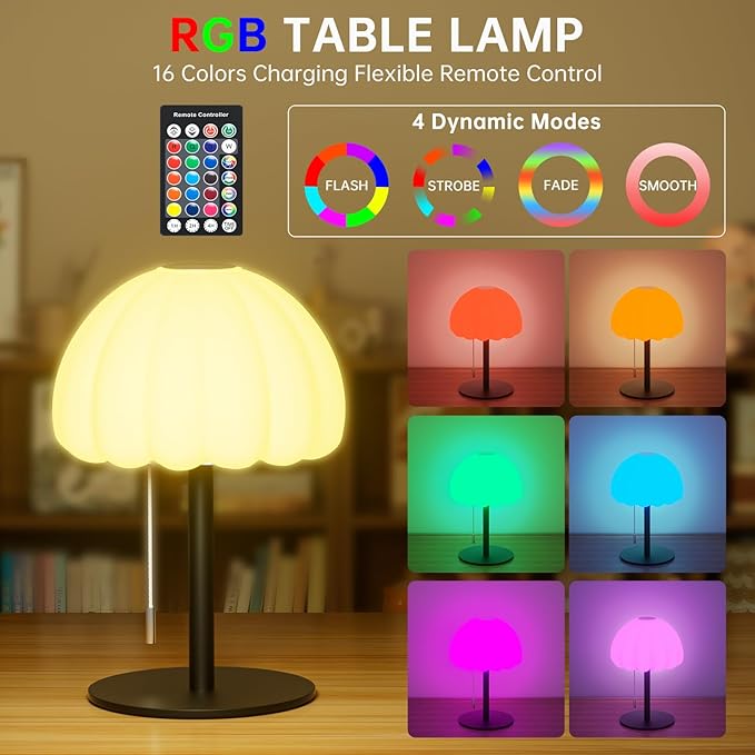 Touch Bedside Table lamp, RGB Mode Dimmable Small Lamp for Bedroom, Pull Chain Table Lamps with 4 Light Modes, Multi-Color Nightstand Lamp for for Living Room Home Gifts