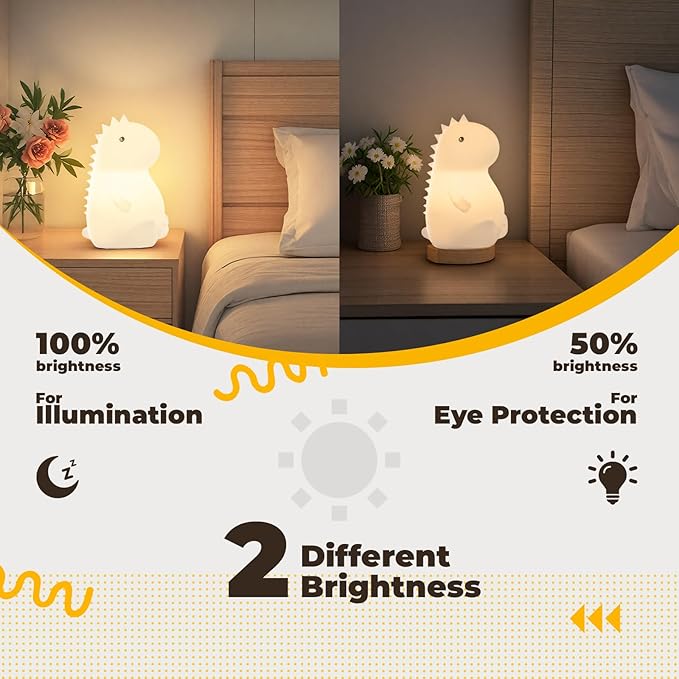 Adorable LED Squishy Animal Night Light - 2 Level Dimmable Nursery Lamp for Kids, Rechargeable Touch Lamp, Cute Dorm Decor - Perfect Baby Boys Girls Gift (Little Dinosaur)