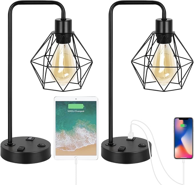BTY Industrial Table Lamps Set of 2 Vintage Desk Lamp Metal Cage Nightstand Bedside Lamp with Dual USB Charging Ports and AC Outlet for Bedroom Living Room Office (Black)