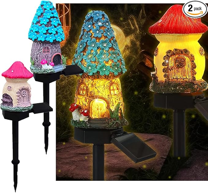 2 Packs of Solar Powered red and Blue Mushroom House Floor Lights, Garden Decoration Resin Cute House Mushroom Lamps, Wireless Dusk to Dawn LED Lights Waterproof.