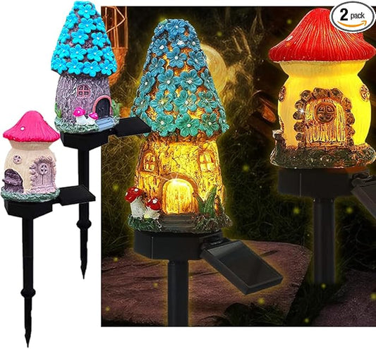 2 Packs of Solar Powered red and Blue Mushroom House Floor Lights, Garden Decoration Resin Cute House Mushroom Lamps, Wireless Dusk to Dawn LED Lights Waterproof.