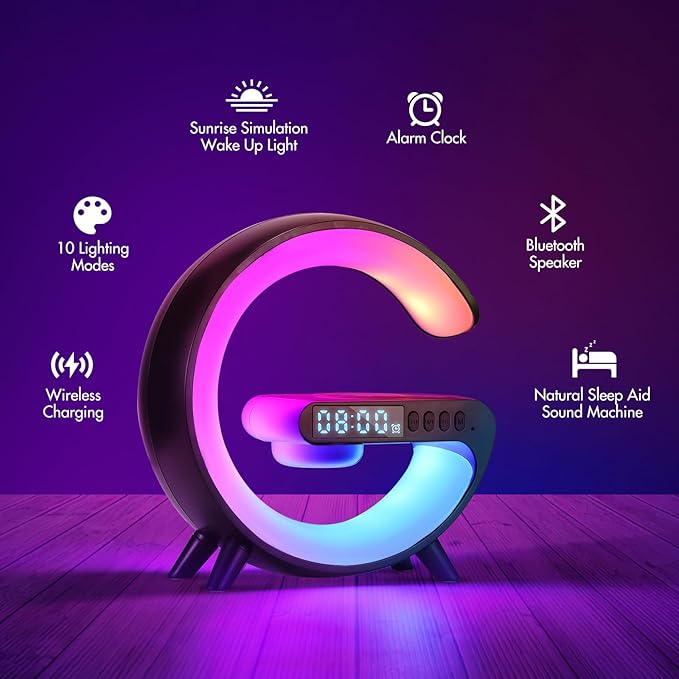 DEECOZY Mini Wireless Charger Atmosphere Lamp, Bluetooth Speaker LED Table Lamp, 10 Lights Mode Dimmable Night Light Bedside Lamp Alarm Clock with Music for Christmas Birthday Valentines Day Gifts