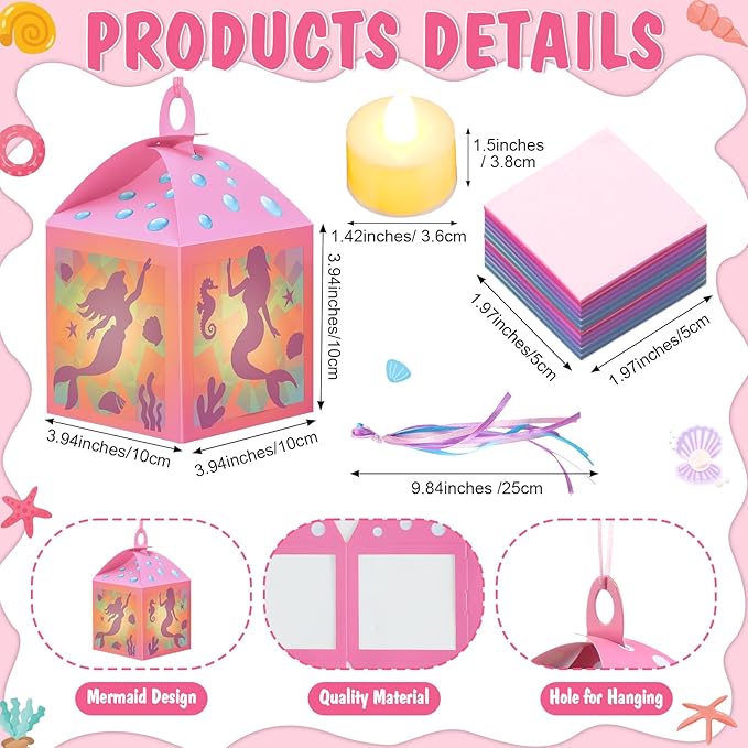 12 Sets Mermaid Lanterns Crafts with LED Candles Mermaid Tissue Paper Crafts Kits DIY Paper Lanterns for Party Decor Activities