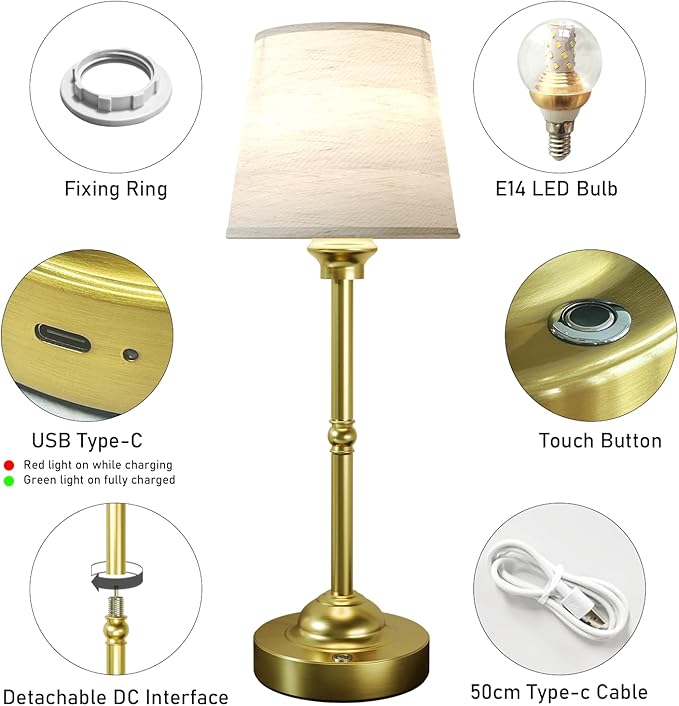 Cordless Table Lamps, 3 Colors Stepless Dimming Fabric Desk Lamp, 6000mAh Rechargeable Battery LED Desk Lamp for Bedroom, Camping, Dining, Bar, Night Light, Desk, Cafe