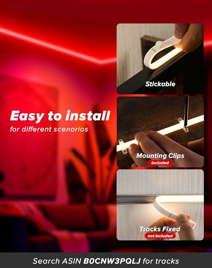 Shine Decor COB LED Rope Light AC 120V, 800lm Ultra Bright, IP65 Waterproof Cold-Resistant ETL Neon Strip, No Driver Tape Lighting for Home Commercial 10x4.5mm, Red, 50ft