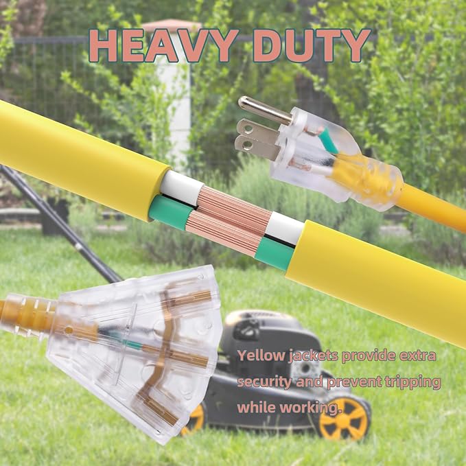 15 Ft Lighted Outdoor Extension Cord with 3 Electrical Power Outlets - 12/3 SJTW Heavy Duty Yellow Extension Cable with 3 Prong Grounded Plug for Safety, UL Listed
