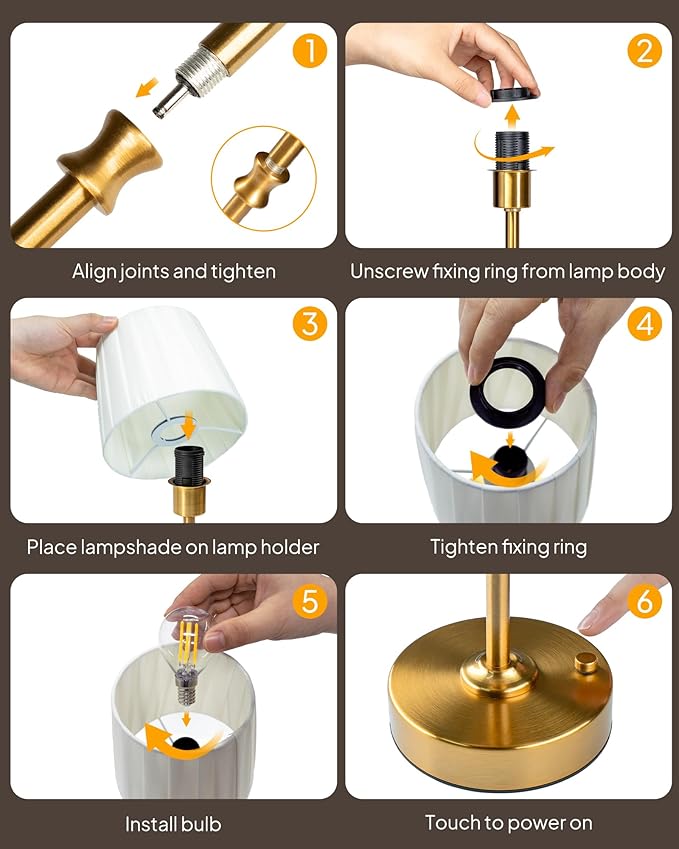 EppieBasic Cordless Table Lamp Rechargeable: Fast Charging & Long Lasting - 2700K Warm Light Vintage Gold Lamps - Dinning Living Room Bedroom - Pleated Shade - 2 Pack