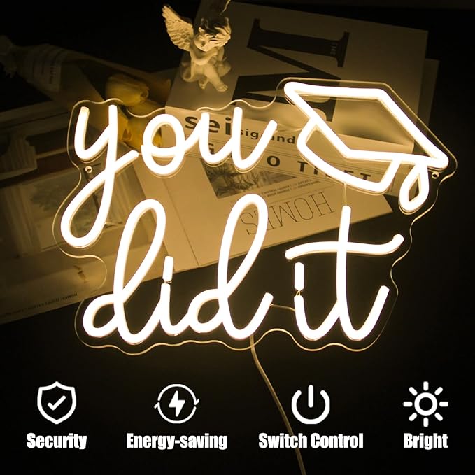 Congrats Grad Neon Sign You Did It LED Neon Light Sign Warm White Congrats Light up Sign Background Neon Signs for Wall Decor Celebrate Neon Lights for Class of 2026 Graduation Party Decor