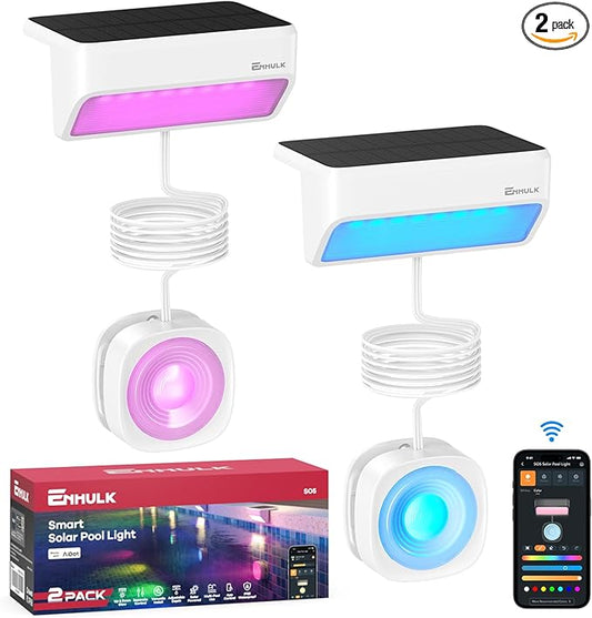 Enhulk Pool Lights with APP Control - 43+ Color Scenes & Timer, IP68 Waterproof Above Ground Pool Light,Poolside Solar Light, RGBW Solar Pool Lights for Garden, Pond, Patio (White 2-Pack)