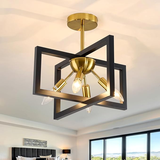 ZGLAOJT 4-Lights Ceiling Light Fixture Modern Black and Gold Semi Flush Mount Ceiling Lighting Matte Chandelier for Bedroom Kitchen Foyer Hallway Living Room Farmhouse