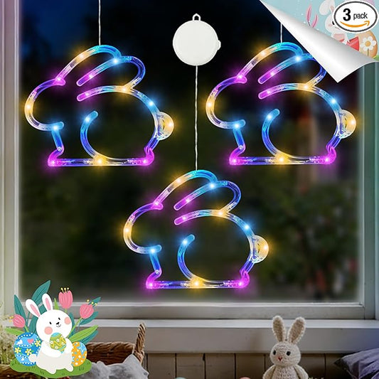 3 Pack Easter Window Lights, Multicolor Bunny Lights, Battery Operated Easter Window Decorations Light up with Suction Cup and Timer Function for Indoor Window Glass Wall Party Decor
