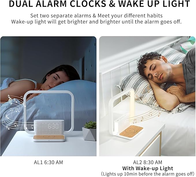Sunrise Alarm Clock for Heavy Sleepers,Touch Lamps for Nightstand with Wireless Charger Station for iPhone/Samsung,Sound Machine,Wake Up Light with Snooze/Timer/10 Natural Sounds/3 Dimmable