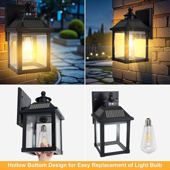 Solar Wall Lights Outdoor: Solar Porch Sconce Light Dusk to Dawn Waterproof Lantern Fixture with 3 Lighting Modes & Motion Sensor - for Front Door Garage Porch Yard Fence