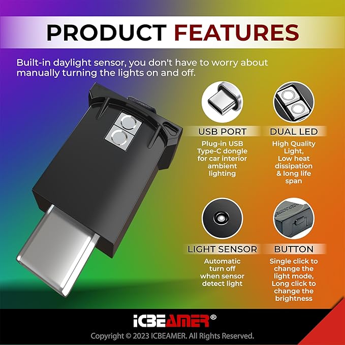 ICBEAMER Type C Adapters USB Atmosphere LED Light, [Color: Yellow] | Smart Interface Plug-in Miniature LED Night Light for Automotive Car, Trunk, Van, Pickup, Perfect for Ambiance.