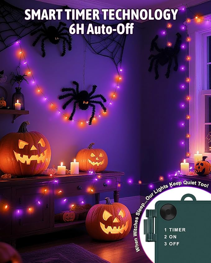 Halloween String Lights Battery Operated, Orange and Purple Fairy Lights with Timer Waterproof 9.8ft 30 LED Halloween Decorations for Outdoor Indoor Patio Party Garden Yard Decor