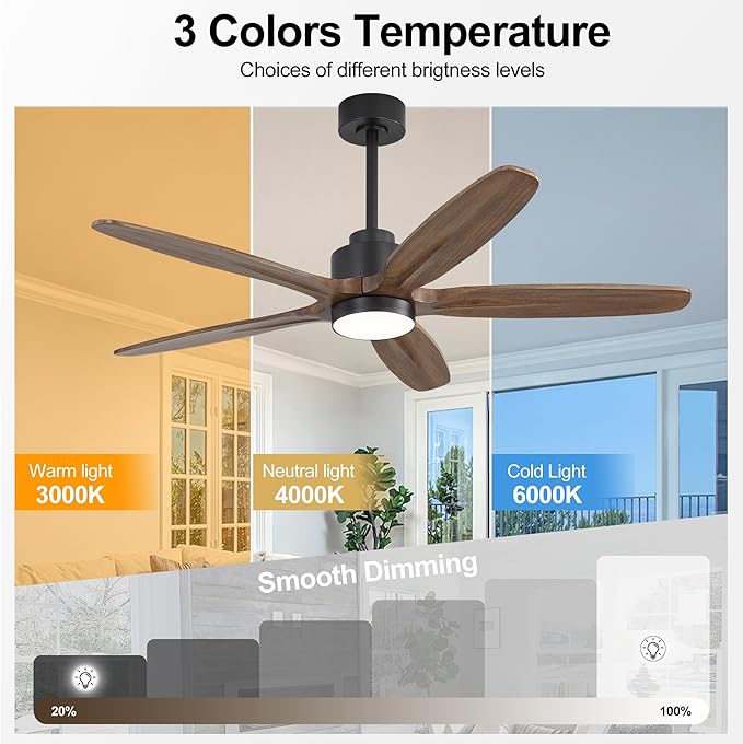 WINGBO 54" Ceiling Fan with Light - 5 Carved Solid Wood Blades, 6-Speed Reversible DC Motor, Dimmable, 3CCT, Noiseless Remote Control Ceiling Fans with Lights for Bedroom Living Room, Black and Wood