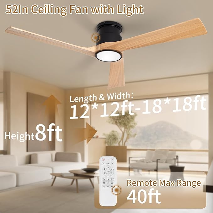 Ceiling Fan with Lights Flush Mount,52 Inch Wood Ceiling Fans with Remote Control Noiseless Reversible DC Motor 6 Speed Timer for Bedroom,Living Room