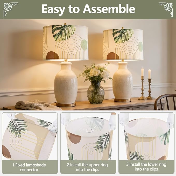 13-inch Fabric Linen Lamp Shade, Boho Lampshade with Tropical Plant & Gold Line Pattern, Lamp Shades for Floor Lamps fit with Spider/Uno, Drum Lampshades for Table Lamp/Pendant (Easy Assemble)