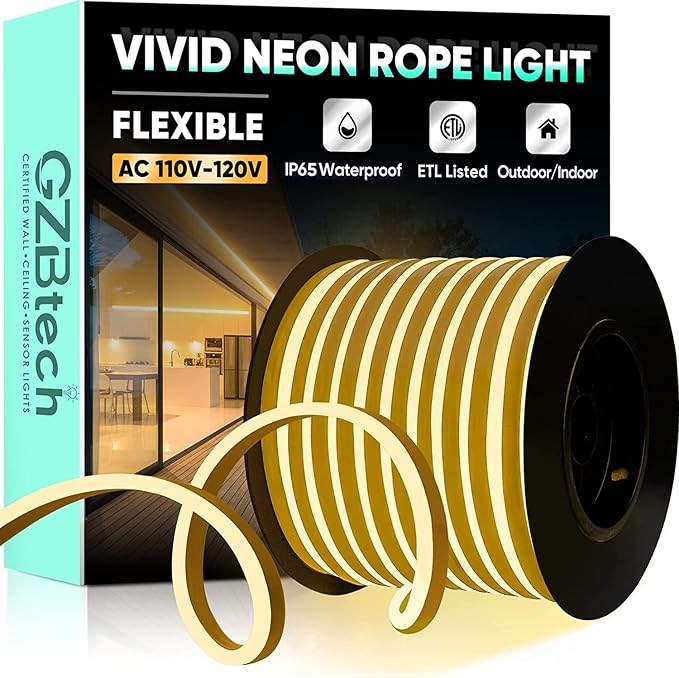 GZBtech Flexible LED Neon Rope Lights 100FT,AC 110-120V Waterproof Strip Light, 120 LEDs/M Cuttable Connectable Neon Lighting for Indoor Outdoor Home Decor/Commercial Use-Warm White 30M, ETL Listed