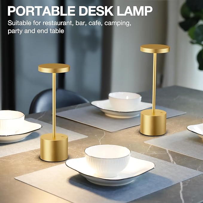 Kakanuo Gold Cordless Lamp Set, Rechargeable Lamps, 3 Color Temperature, LED Outdoor Wireless Lamp, Battery Operated Lamps, Stepless Dimmable, Touch Control